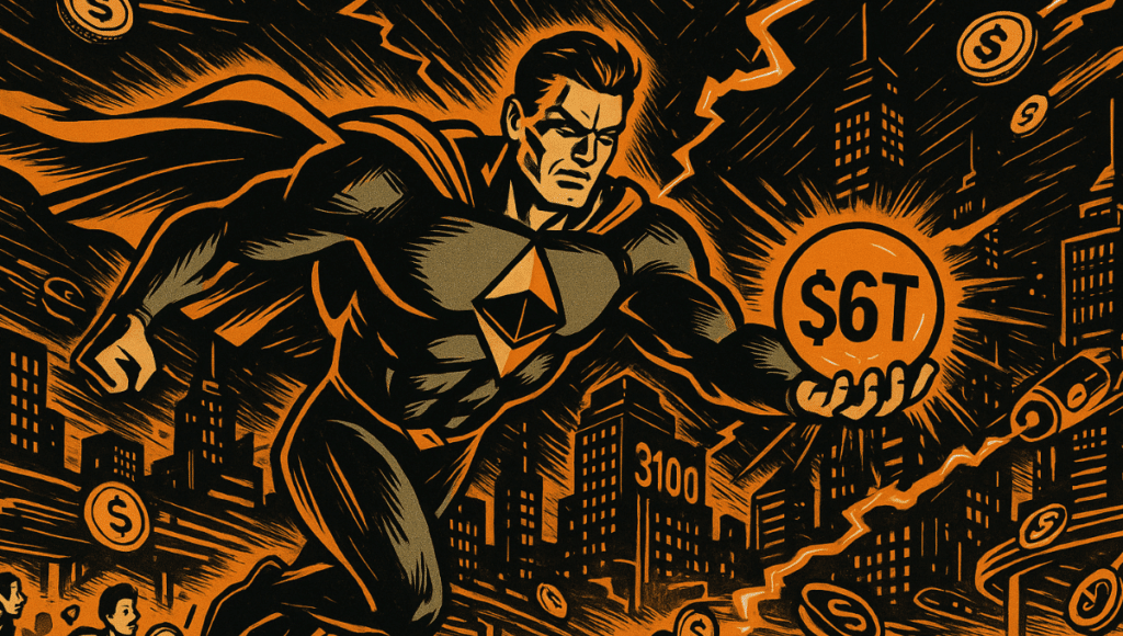 Ethereum superhero holds T orb over a futuristic city, symbolizing network surge.