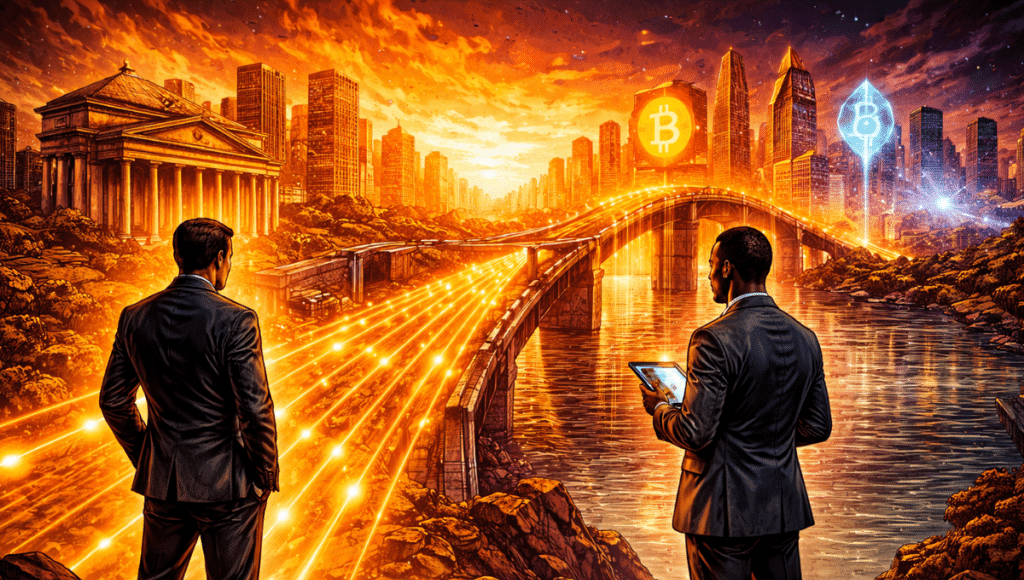 A financial bridge is being built between a banking city and a futuristic crypto city, with glowing flows already running across it, under the watchful eye of David Sacks.