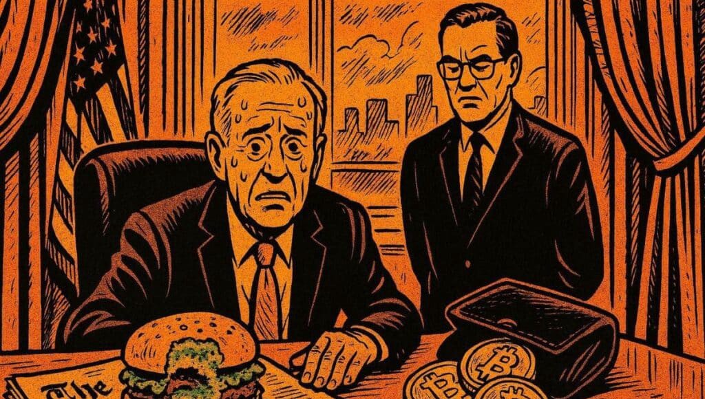 デイビッド・サックスがニューヨーク・タイムズの前に緊張して立っており、彼はそれを「何もないバーガー」と呼んでいます。彼の隣にはNYTを訴える準備をしている弁護士がいます。