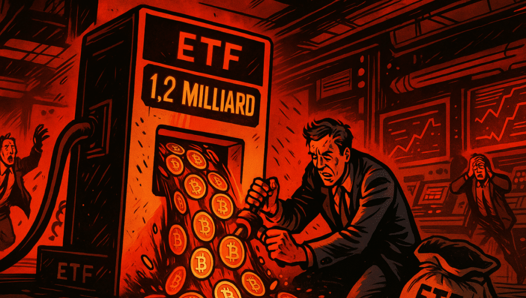 「ETF」と書かれた機械に「1.2 billion」と表示された発光カウンター、しゃがみ込んだトレーダーがビットコインが漏れるバルブを閉じようとしている様子。