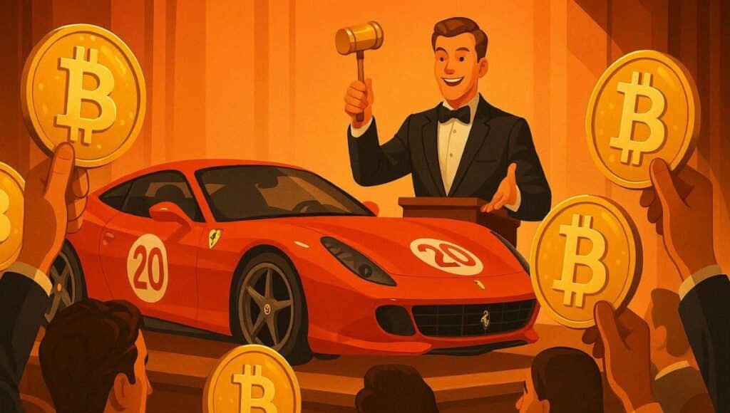 フェラーリを持つオークショニアがビットコインを持っているクリプトオークション。