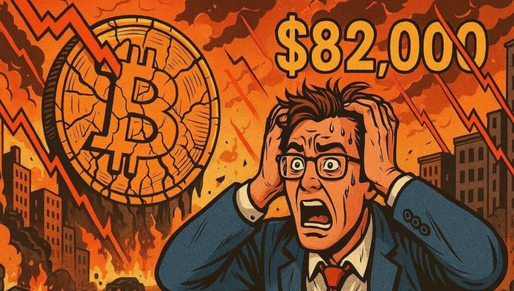 Um investidor em Bitcoin a suar devido à queda para $82.000 e liquidações massivas.