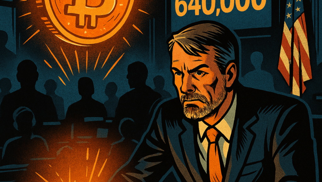 マイケル・セイラーがコントロールルームで、光り輝くビットコインのホログラムと640,000という数字と対話している。