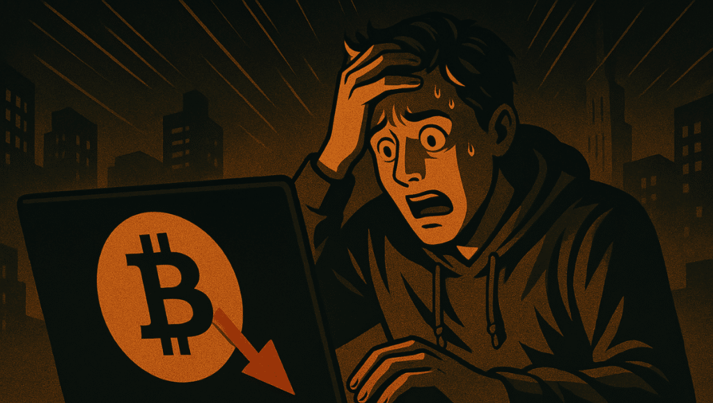 パニックになった若者が、ひび割れたシンボルに支配された終末的な都市の空の下でビットコインの崩壊を発見する。