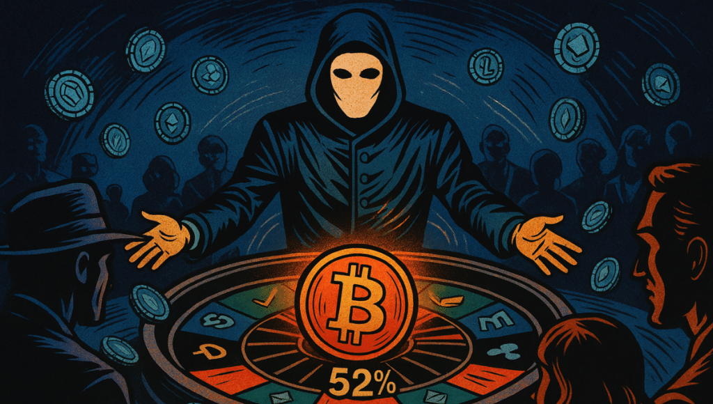 マスクをした croupier がルーレットホイールの後ろに立ち、ボールを放ったばかりのように腕を伸ばしています。彼は巨大なカジノホイールを見つめており、スロットには数字ではなく、暗号通貨のアイコン (Bitcoin、Ethereum などが描かれています。)ポインターは Bitcoin スロットに固定されており、赤い背景に「52%」と表示されて、Polymarket の予測を示しています。