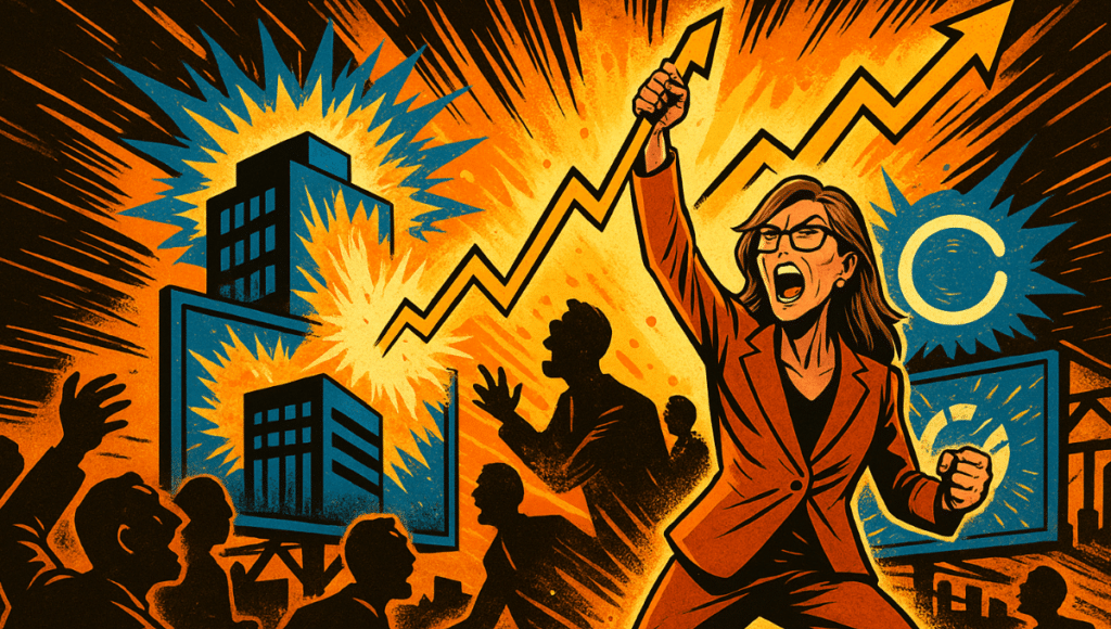 キャシー・ウッドがビットコインの上に立ち、驚いたトレーダーたちの間で上昇する暗号チャートを指差している。