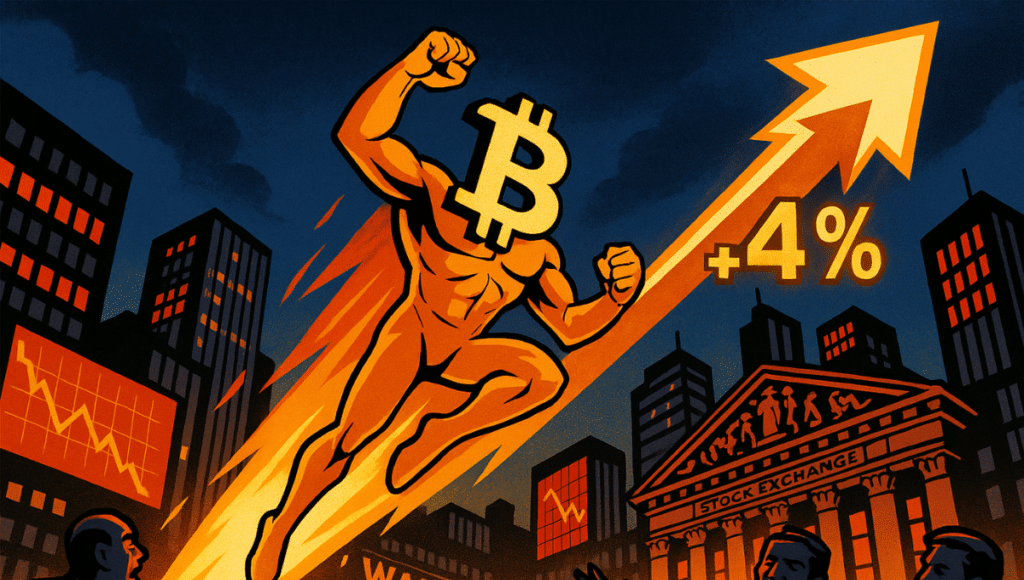 ビットコインを表す中央のキャラクターが、勝利のポーズでウォール街のビルを飛び越えています。