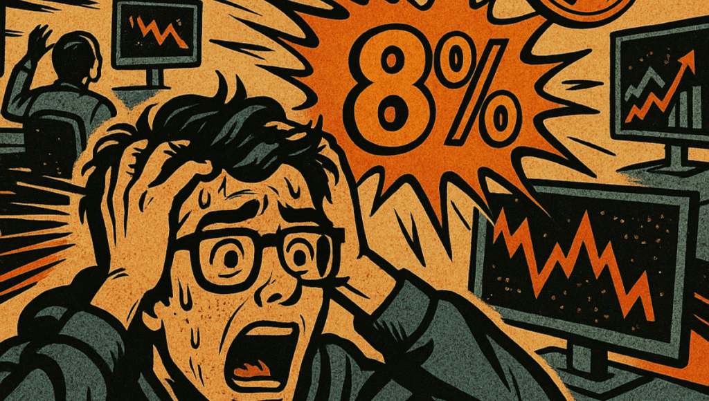 パニックに陥ったトレーダーが、ビットコインの極端なボラティリティを象徴する8%を表示する爆発的なスクリーンを見つめています。