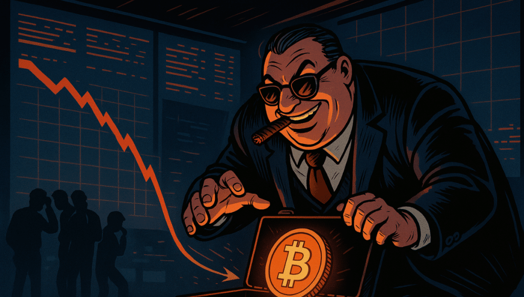 輝くビットコインを含むブリーフケースを開ける笑顔の投資家、背景には急落するグラフがあります。