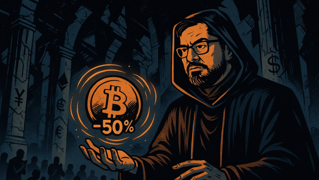 トム・リーが手の上に浮かぶ予測球を持っています。光る球体は浮かんでおり、ビットコインのシンボルが「-50%」の数字に囲まれています。小さな火花やエネルギーの流れが球体の周りを渦巻いています。