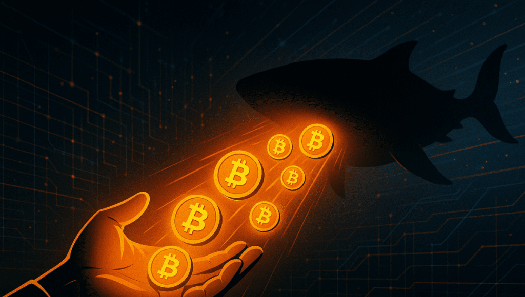 オレンジ色の光る手がビットコインのコインを放ち、それが暗いクジラのシルエットに流れ込む。デジタルの青と黒の背景に設定されています。