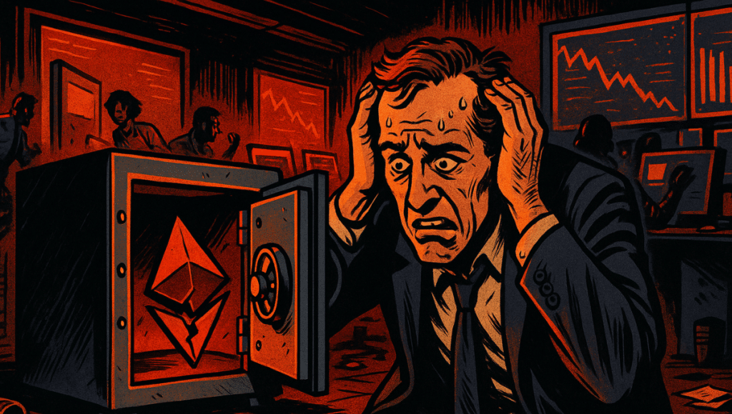 開いた金庫は完全に空で、中には砕けたイーサリアムのロゴだけがあり、CFOが見つめている—これは暗号資産財務が赤字に転落したことを象徴している。