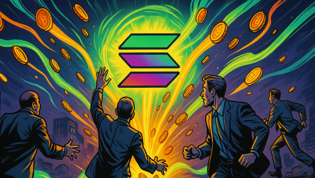 Solanaのロゴが中央に浮かび上がり、輝きながら未来的な宇宙空間でエネルギーや暗号コインの連続的な流れを生み出し、熱狂するトレーダーたちの視線を集めている。