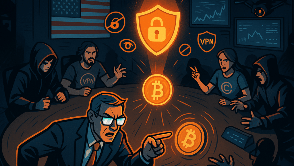 規制当局とハッカーがプライバシー、監視、権力を巡って対立する暗号資産円卓会議の様子。