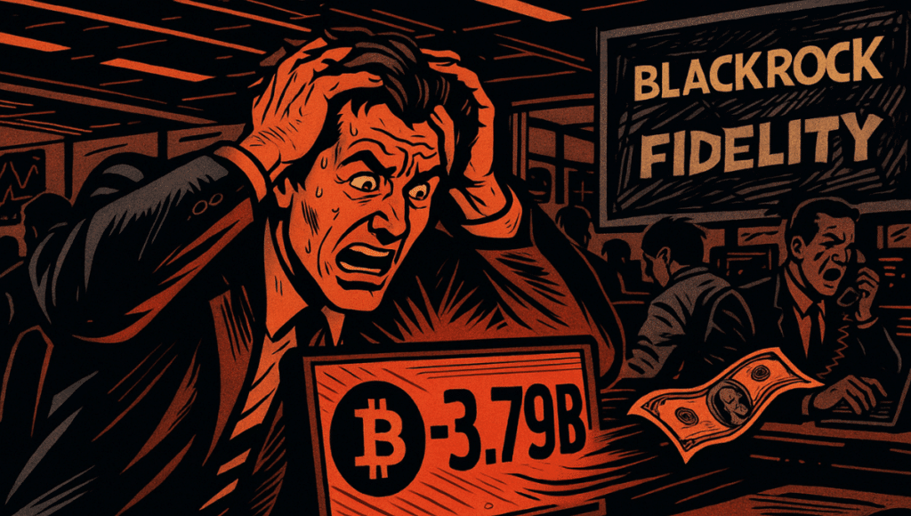 パニック状態のトレーダーが、「-3.79B」と表示された画面の前で叫び、暗いトレーディングルームが混乱に陥る様子。