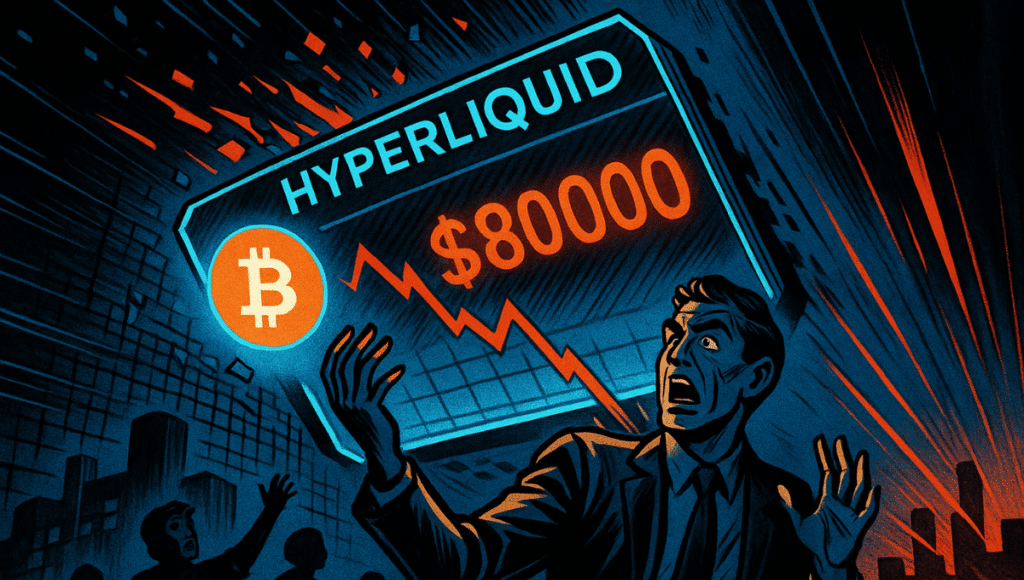 パニックに陥った男性が、ビットコインがKまで下落する崩壊中のホログラフィックなHyperliquidチャートを見上げ、デジタルの断片が劇的なコミック風に彼の周囲に散らばっている様子。