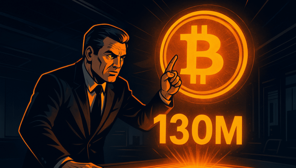 スーツを着た男が、1970年代のコミックスタイルの暗い会議室で、オレンジのホログラムで表現されたビットコインと130Mという数字を指さしています。