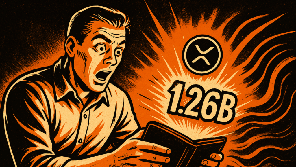 1970年代のコミックスタイルで描かれた男性が、1.26Bという数字を明らかにする強烈なオレンジの光を放つデジタルウォレットを開いている。背景には波のようなRippleのパターンがある。