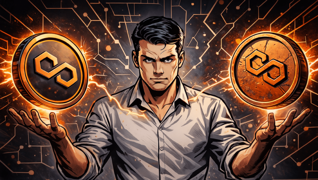  intenseな表情をした男が、1970年代のコミック風のオレンジと黒のシーンで、1つは現代的で1つは擦り切れた2つの光る多角形トークンを浮かせている。