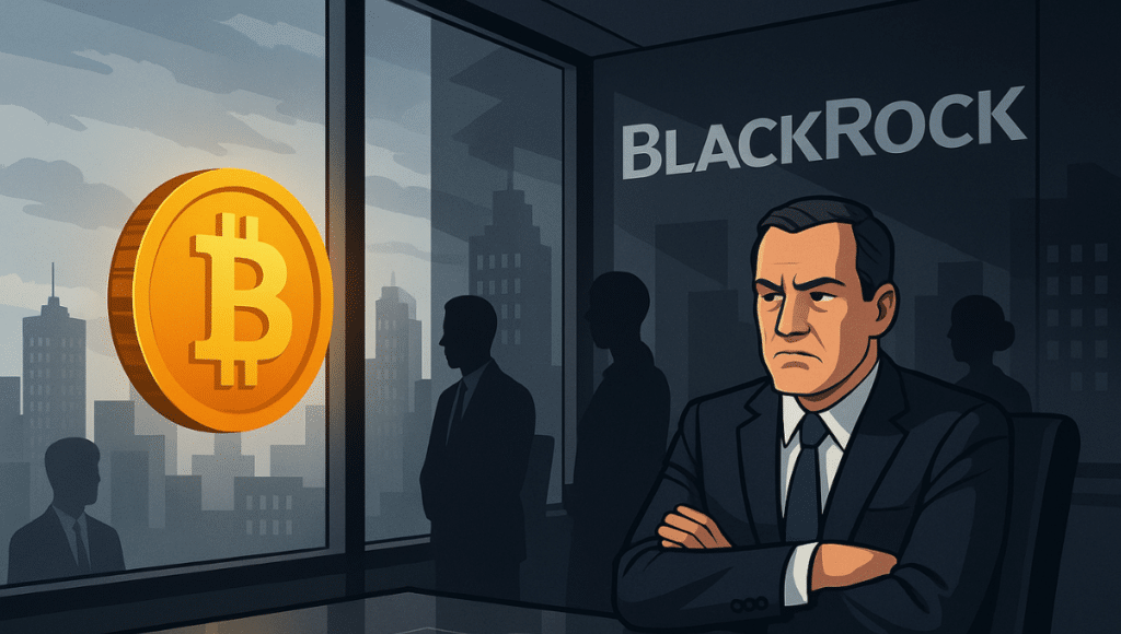 投資家がブラックロックのガラス張りの部屋で腕を組み、外に浮かぶビットコインを見ている。