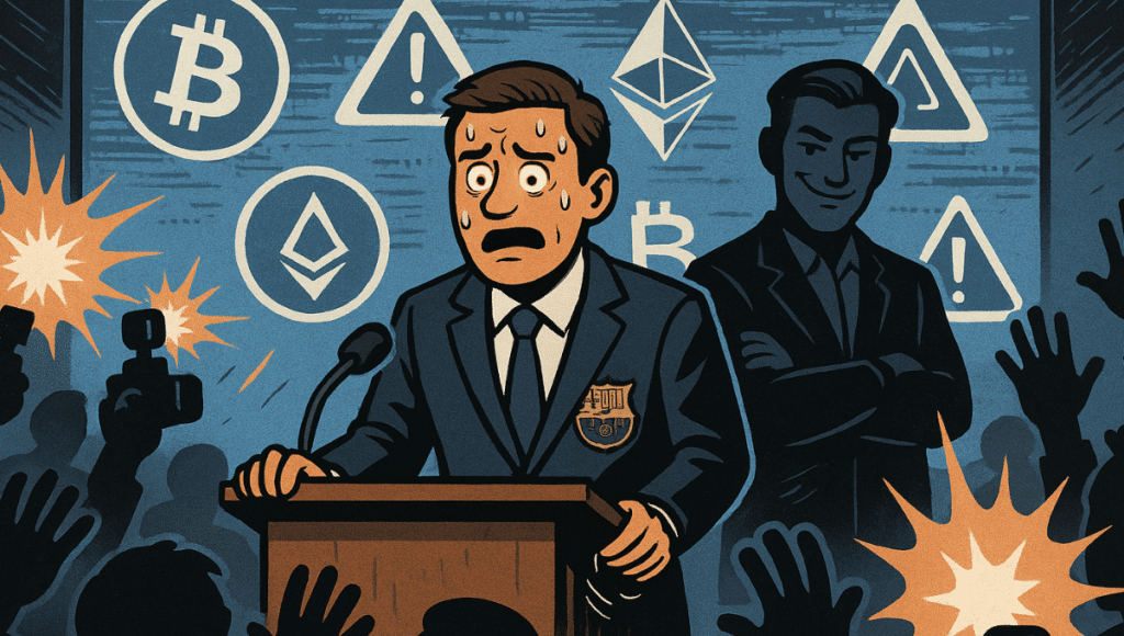 汗をかいているバルセロナのスポークスマンが壇上に立ち、プレスカンファレンスで暗号の混乱が起こる。