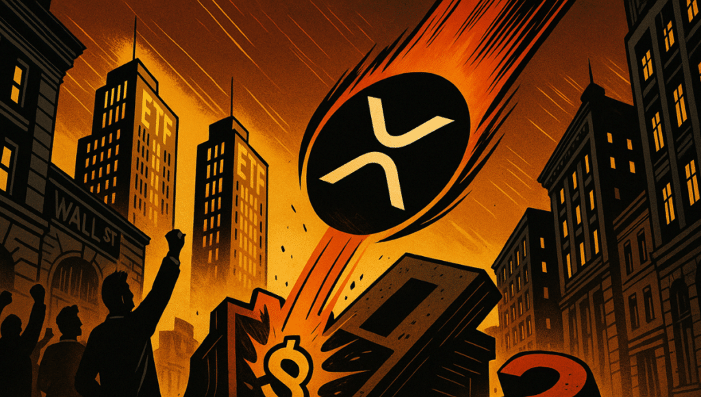 XRPのロゴが擬人化され、オレンジ色の軌跡を引きながらウォール街を垂直に落下している。背景には「ETF」と書かれた2つの発光する高層ビルが安定してそびえ立ち、威圧的に輝いている。