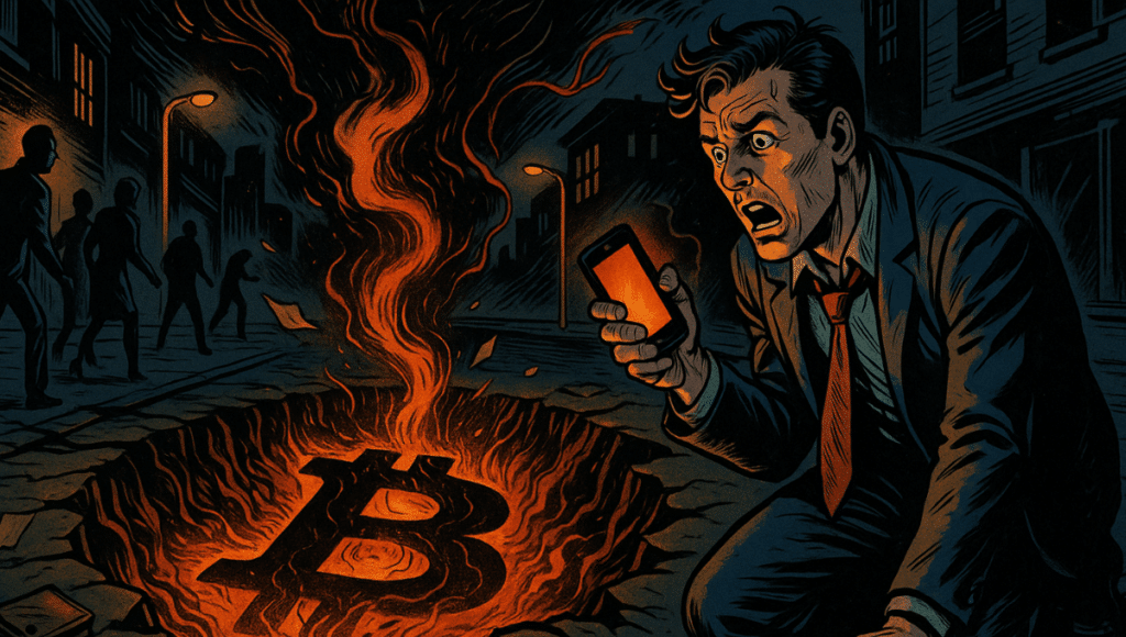 路上に開いた裂け目の縁で膝をつくトレーダー。彼はクレーターの中で燃え盛るビットコインロゴを見つめている。