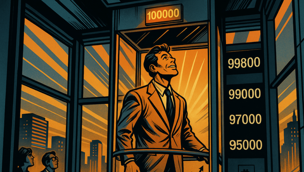 自信に満ちた男性がガラスのエレベーターに乗り込み、100000に固定され、輝くオレンジ色の光に包まれています。