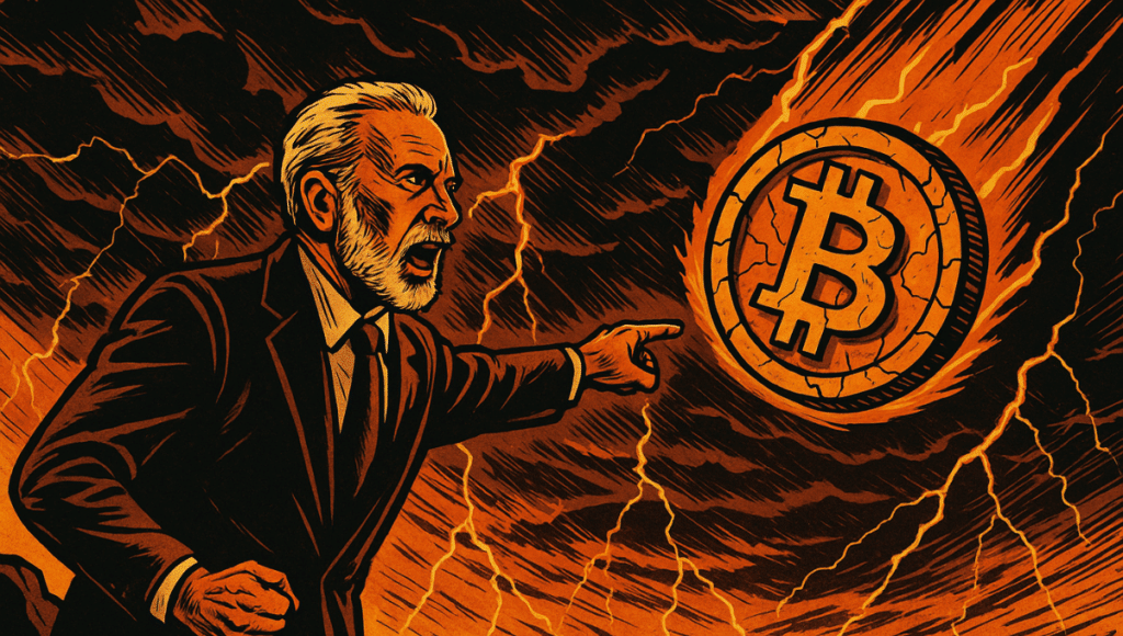 怒っているひげの男性が、嵐の空から落ちる燃えるBitcoinを指さしている。オレンジと金の雷に照らされている。