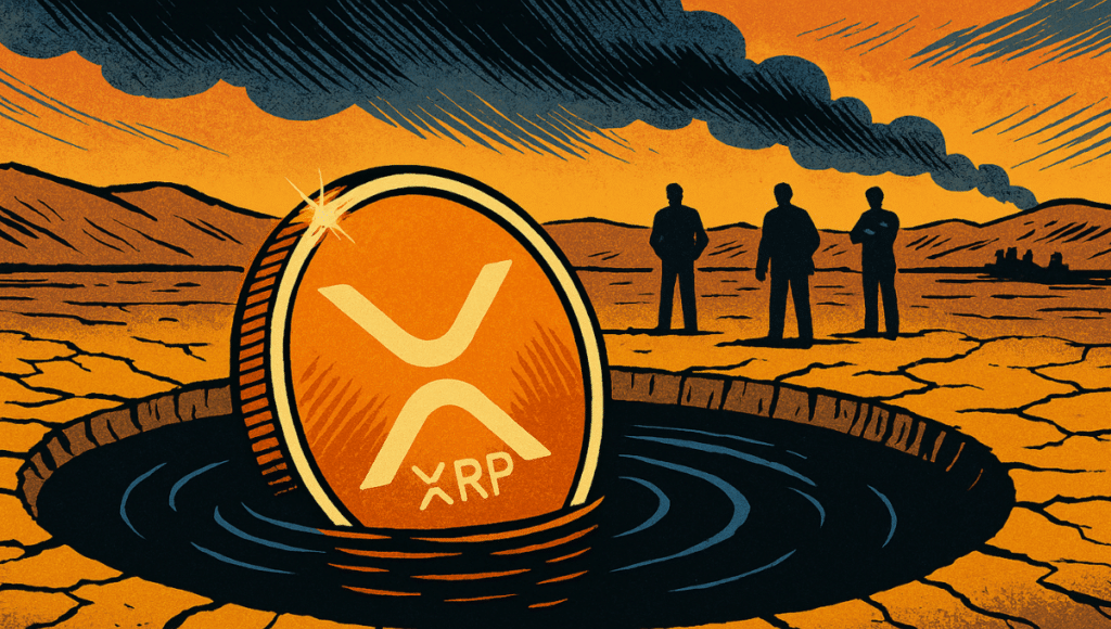 A XRP coin slowly sinks into quicksand or black liquid.