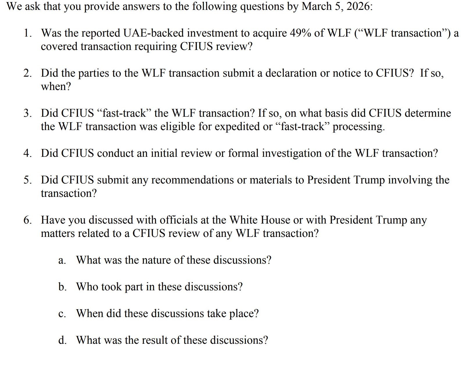 Các thượng nghị sĩ yêu cầu Bessent điều tra khoản đầu tư 500 triệu đô la của UAE vào WLFI