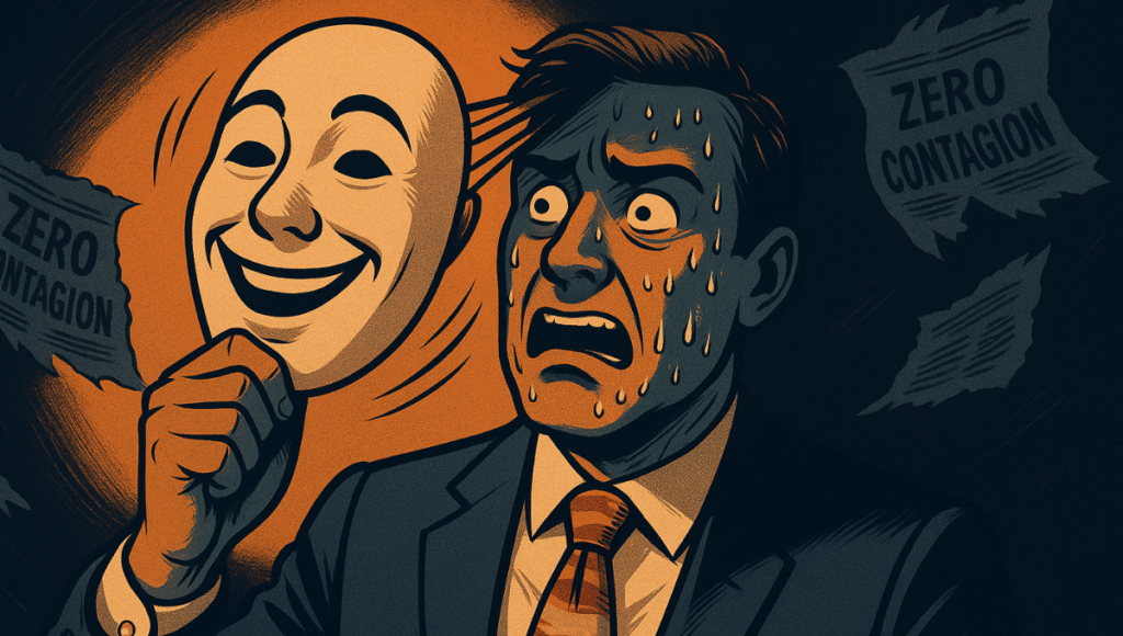 Businessman with Jupiter tie removes smiling mask, revealing panicked face beneath.