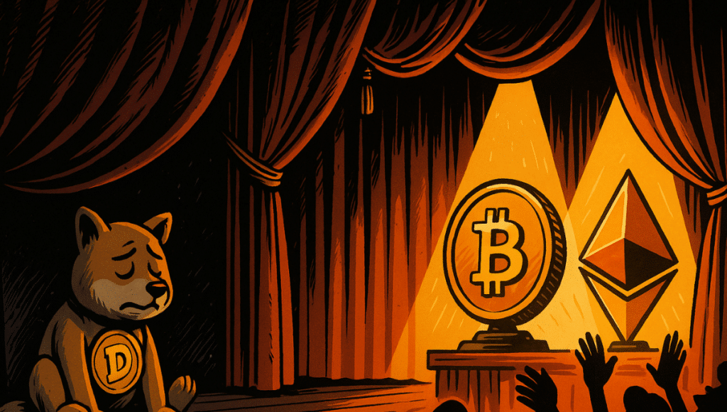 On a theater stage, a DOGE puppet lies abandoned on the floor, while BTC and ETH, shining, are applauded. The curtain falls on the Dogecoin ETFs.
