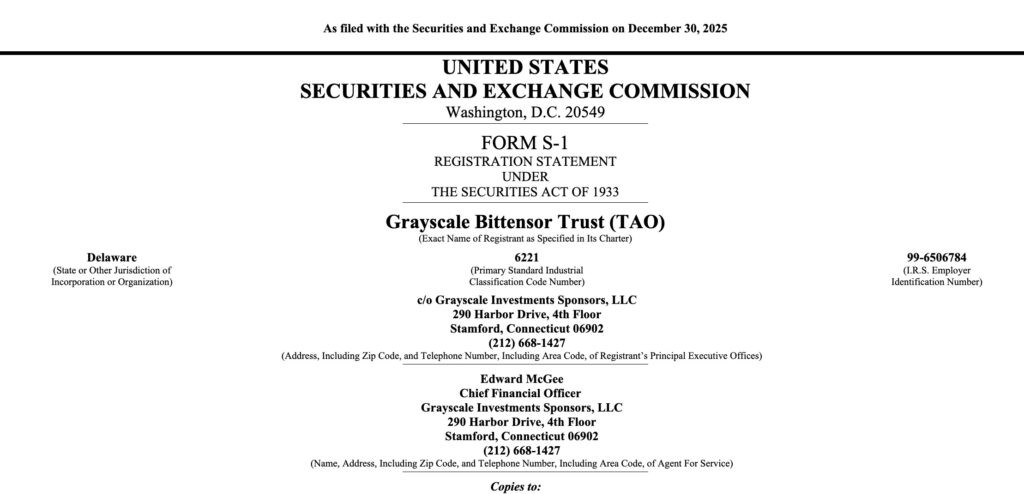 Grayscale has officially filed an S-1 form with the SEC to launch an ETF based on the TAO token of Bittensor, under the ticker GTAO on the NYSE Arca.