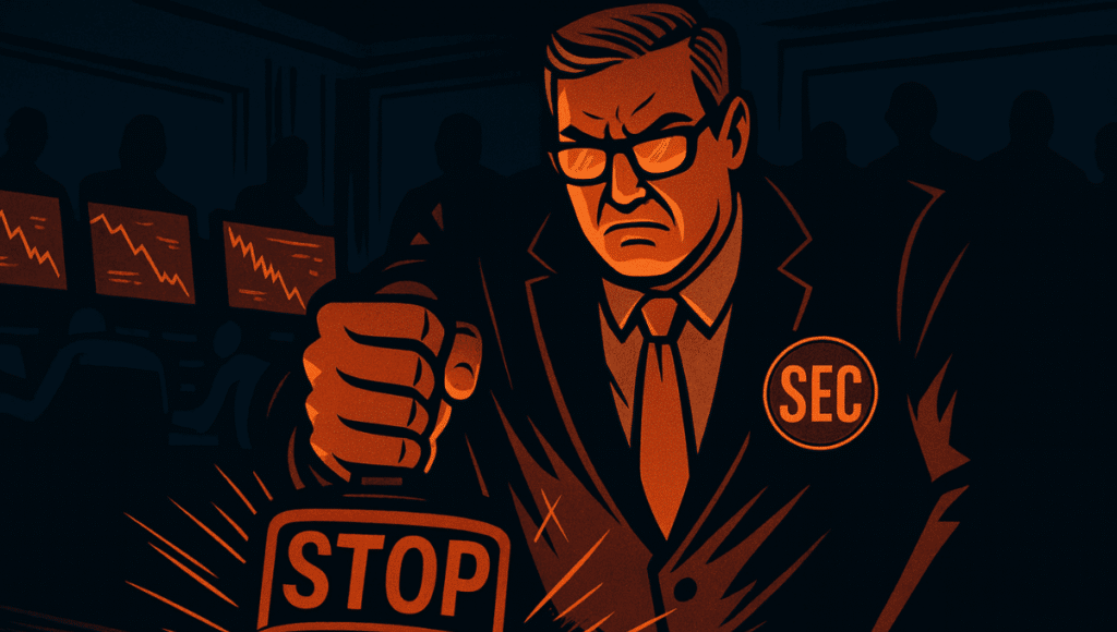 An SEC agent stamps a "STOP" on a burning crypto ETF document; the atmosphere is tense.
