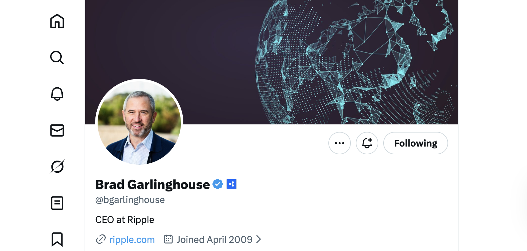 Ripple CEO X profile with 589 following