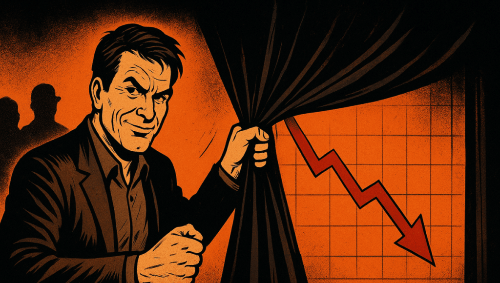 男性がカーテンを開けて暗い黒とオレンジの雰囲気の中でクリプト市場の厳しい下落を明らかにする。1970年代のコミックを思わせる。