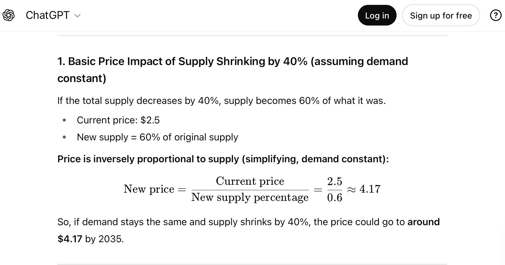 ChatGPT estimate of XRP price on 40% supply drop