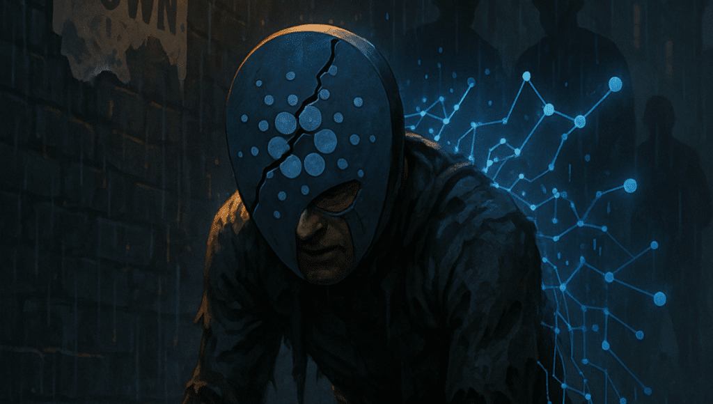 A kneeling figure wearing a cracked mask bearing the Cardano logo, from which glowing data lines emerge, suggesting hidden strength despite apparent vulnerability.