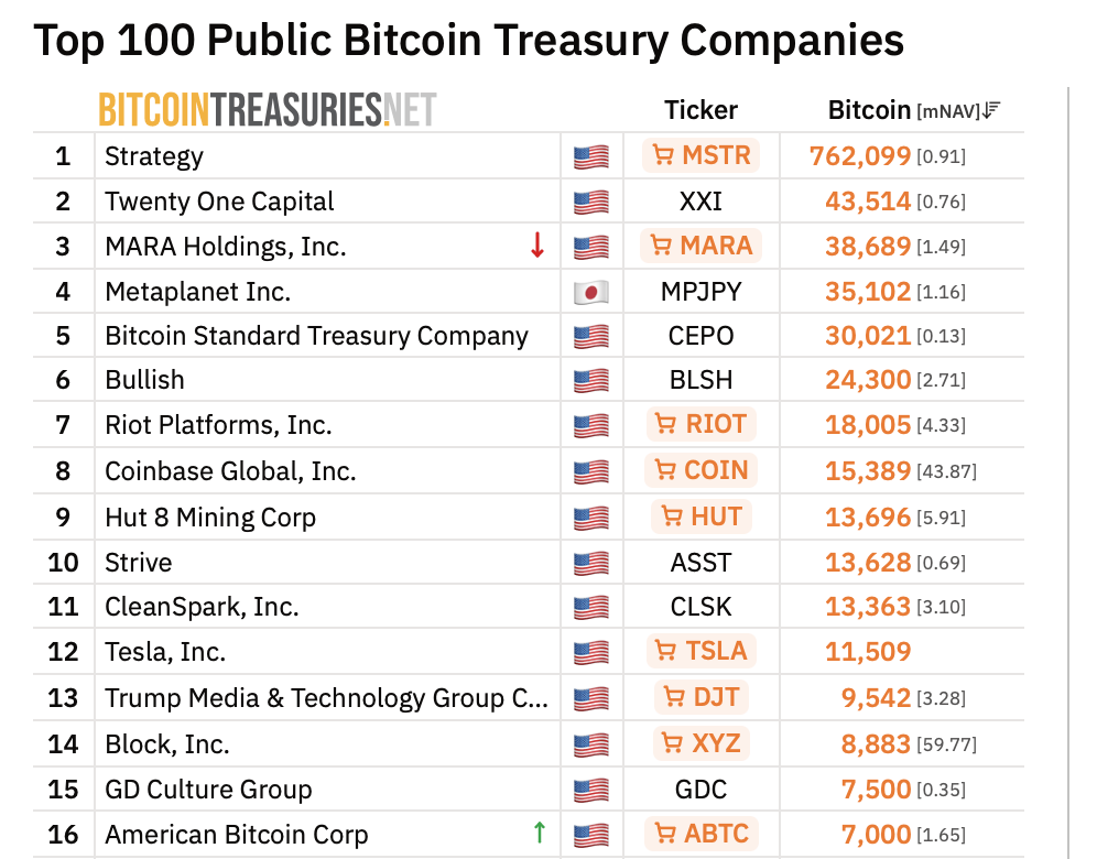 比特幣儲備公司排名