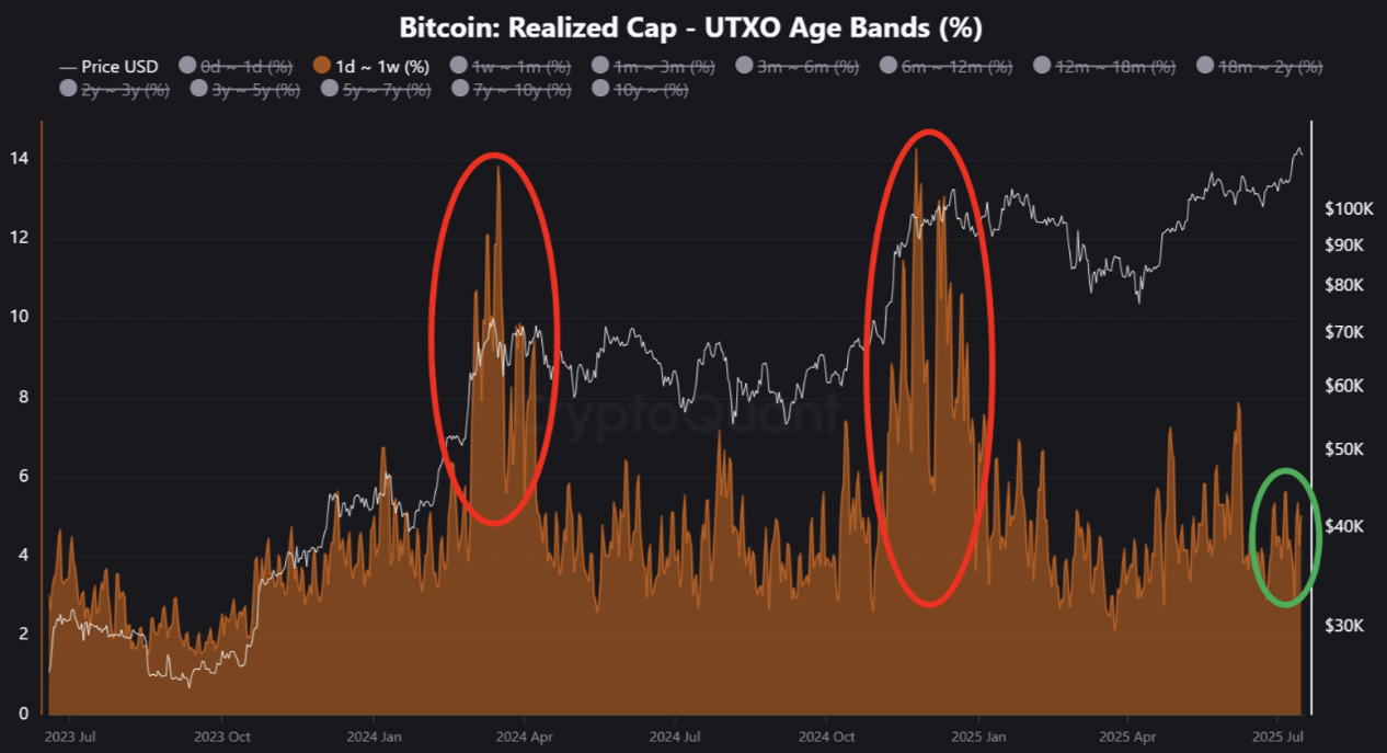 ビットコイン: 実現キャップ - UTXOの年齢帯 (%).