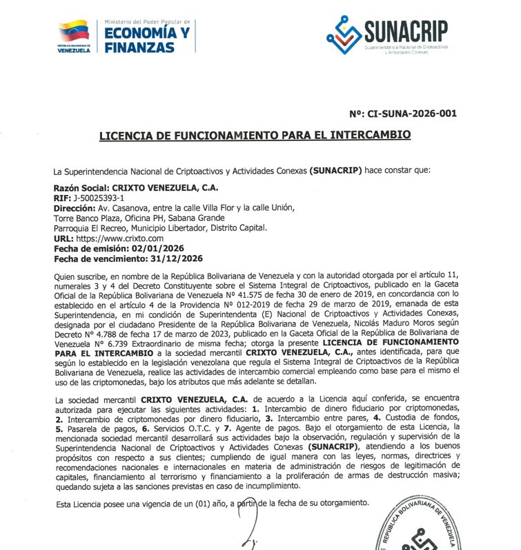 Captura de pantalla de la licencia de Sunacrip a Crixto.