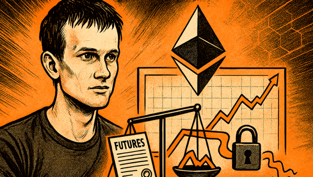 Illustration style comics 70s montrant Vitalik Buterin concentré, balance crypto, volatilité maîtrisée, symbole Ethereum et ambiance orange dynamique, contrastée et énergique.