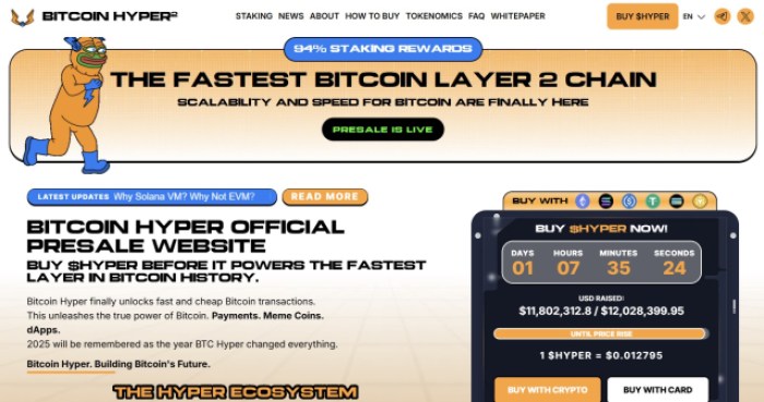ビットコインハイパーのレイヤー2エコシステムを段階的に説明します。(https://img-cdn.gateio.im/social/moments-b34b3eb9ef131ff747a4089c7595893c)簡単に言えば、ブリッジはあなたの元のビットコイントークンをロックし、$HYPERのレイヤー2で使用するために同等の量の「ラップトークン」をミントします。## $HYPERを購入することで2,400%の利益を得ることができる私たちのビットコインハイパー価格予測によると、トークンは年末までに$0.32に達する可能性があり、2400%の利益が見込まれます。参加したいですか?今すぐ$HYPERを購入してください。まだプレセール中だからです。それは、価格が彼らの過去最低レベルのいくつかであるからです。現在、1 $HYPERはわずか$0.012795で購入でき、プロジェクトはすでに初期投資家から$11.8M以上を調達しています。![ビットコインハイパー ($HYPER)ライブ先行販売情報