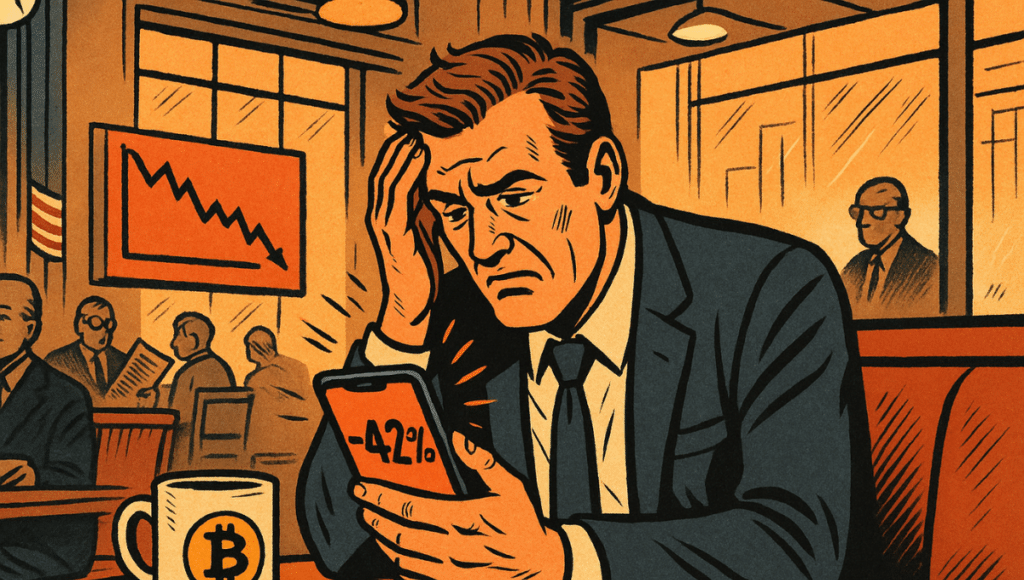 A man in a suit, looking preoccupied, stares at his phone showing a drop of -42% in an American cafe, with a Bitcoin mug on the table and a screen in the background showing a sharply falling crypto chart.