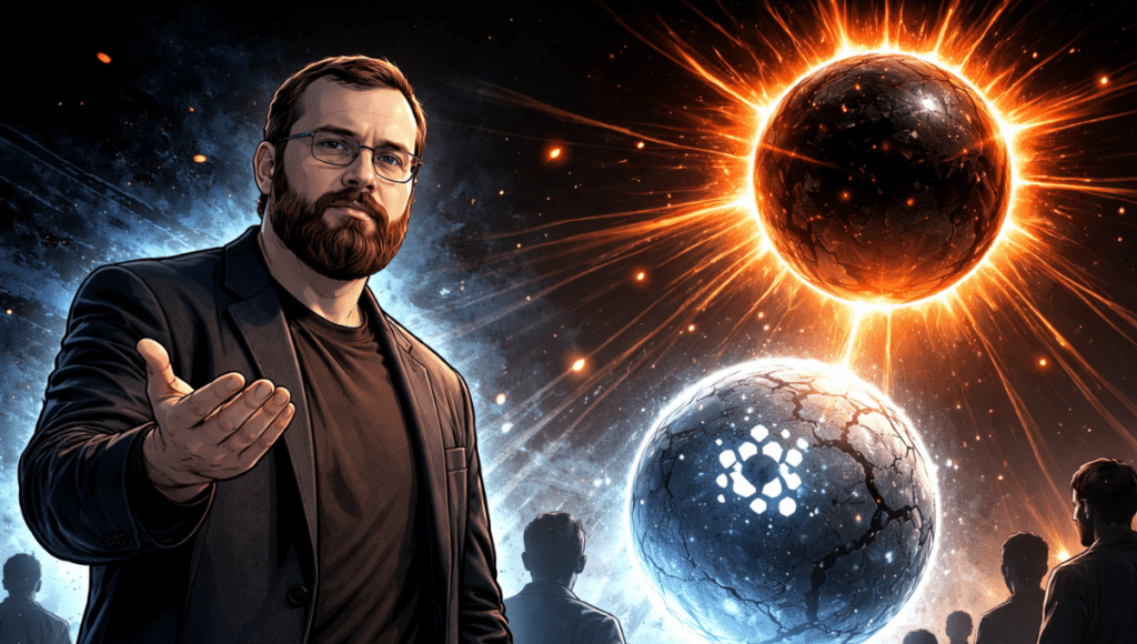 A comic-style illustration shows Charles Hoskinson gesturing calmly as two floating spheres—one cracked and pale, the other dark and glowing orange—pull the attention of silhouetted investors.