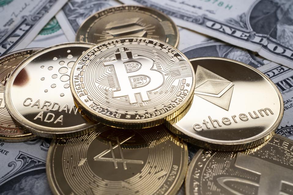 Concept - Cryptocurrencies on banknotes