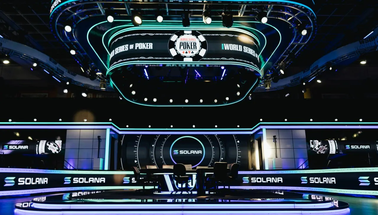 Solana branding on the World Series of Poker broadcast set. Image: Solana Foundation