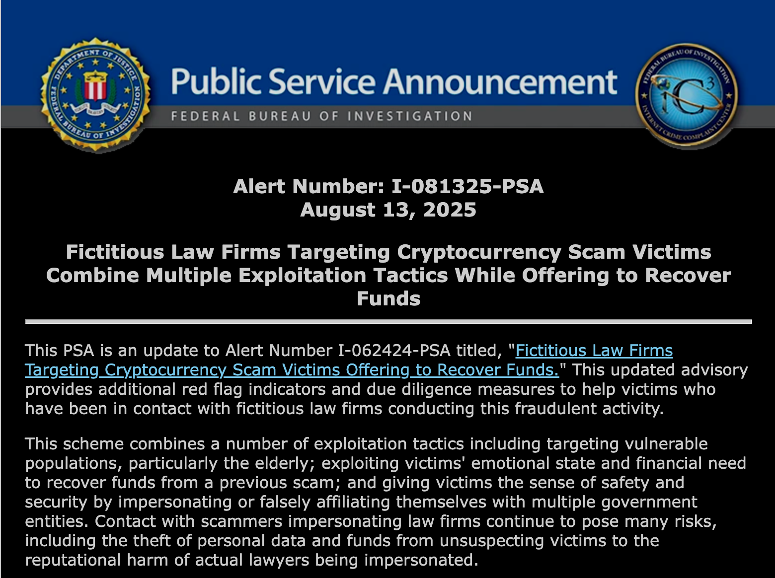 FBI Alert: Scammers Pose as Lawyers to Target Past Crypto Fraud Victims with Fraudulent Recovery Schemes