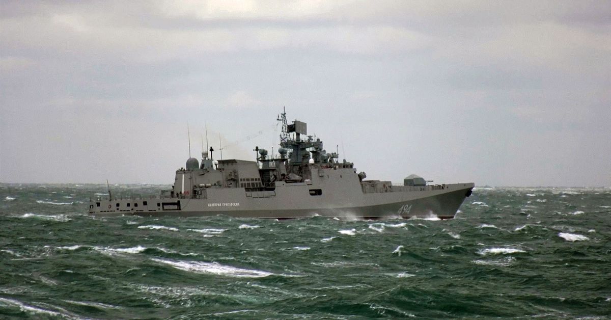 Close-up to heavily-armed Russian warship Admiral Gregorovich